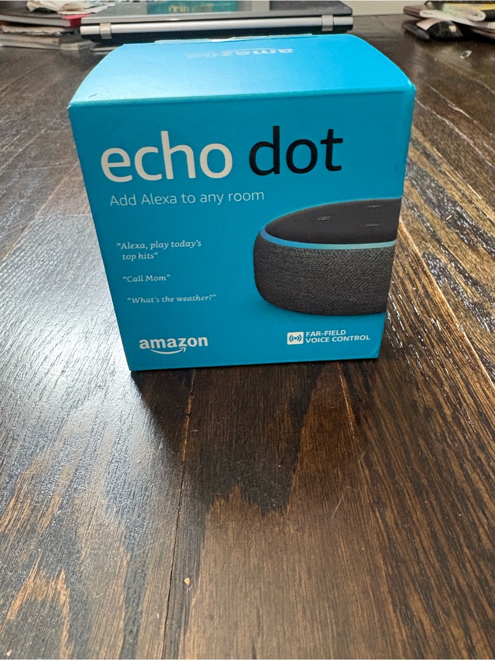Amazon Echo Dot Box – Bright Cyan/Blue Packaging